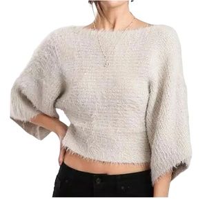 Cream Eyelash Cropped Sweater HASHTTAG Intrend M Wide Sleeve Textured Soft Knit